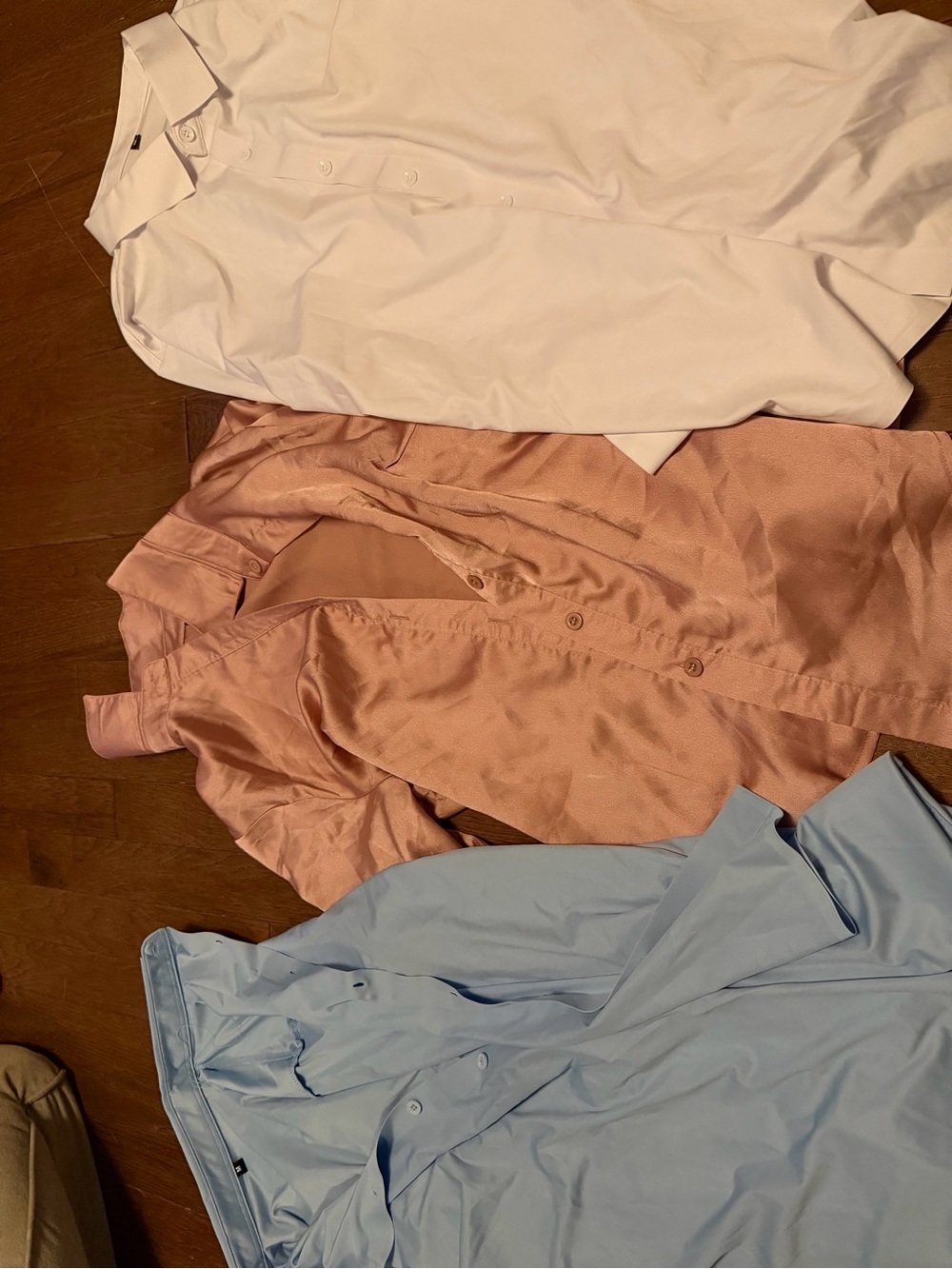 SHEIN, Amazon Satin Button-Front Sleep Shirt Set in White, Blush, and Light Blue